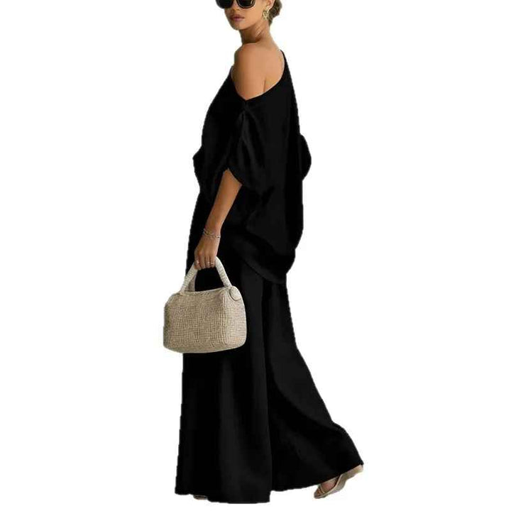 Relaxed Off-Shoulder Women's Linen Set with Tapered Pants