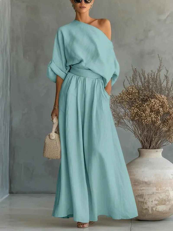 Relaxed Off-Shoulder Women's Linen Set with Tapered Pants