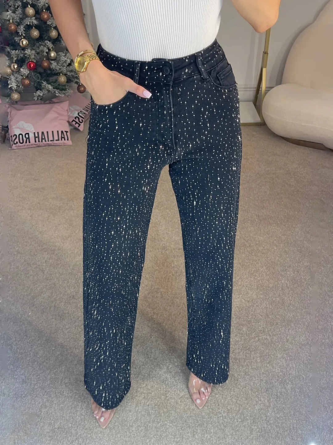 Women's Straight-Cut Jeans with Rhinestone Embellishment