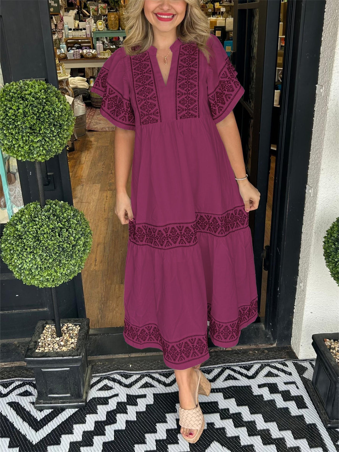 Elegant Bohemian V-Neck Women's Midi Dress