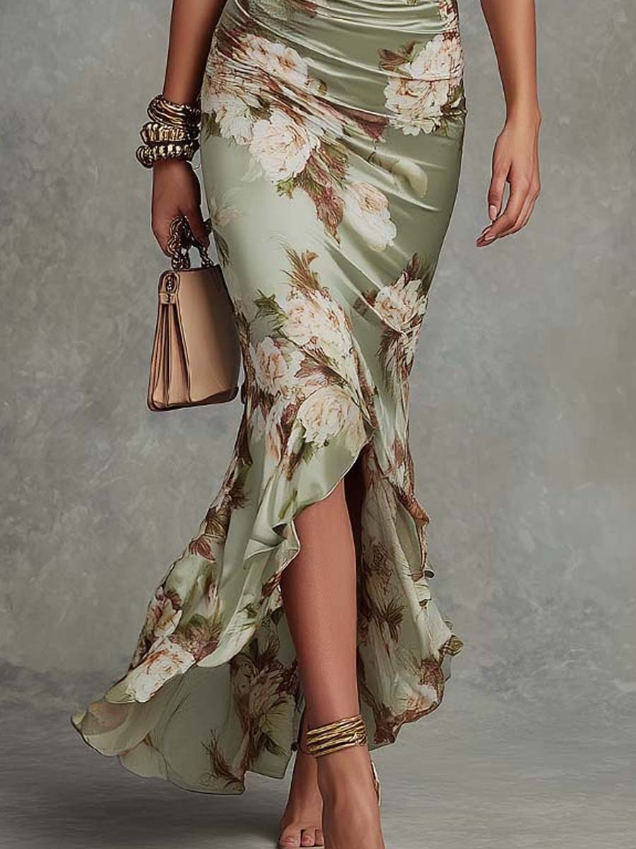 Elegant Floral Women's Asymmetrical Maxi Dress with V-Neck and Puff Sleeves
