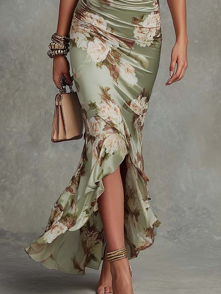 Elegant Floral Women's Asymmetrical Maxi Dress with V-Neck and Puff Sleeves