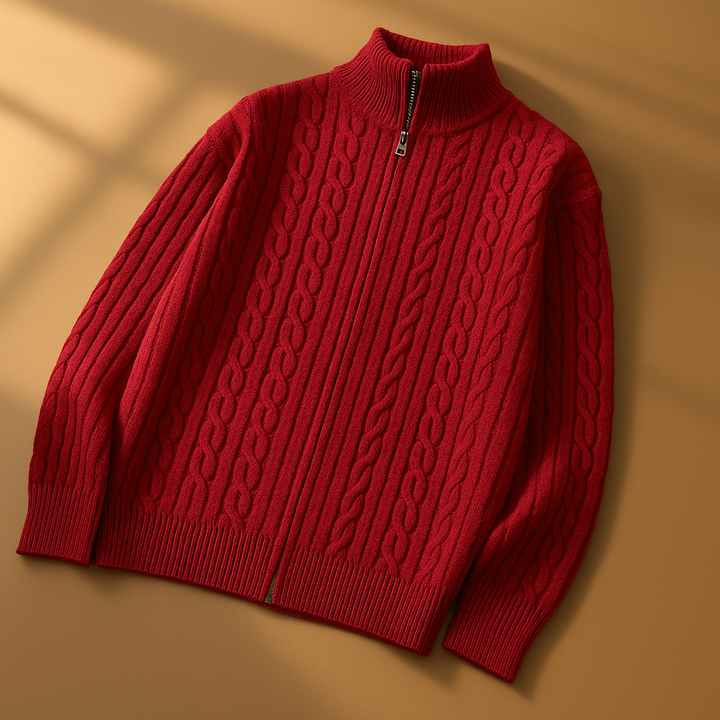 Men's Zip Cardigan with Textured Knit - High Collar