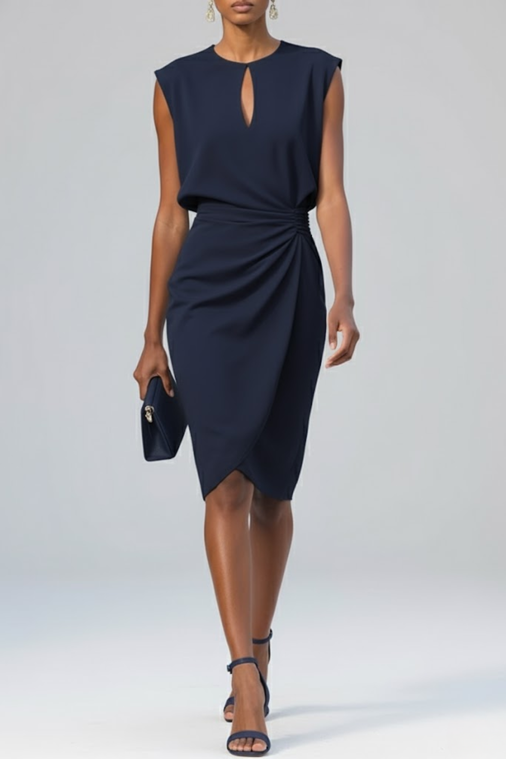 Elegant Ruched Women's Midi Dress with Keyhole Neckline