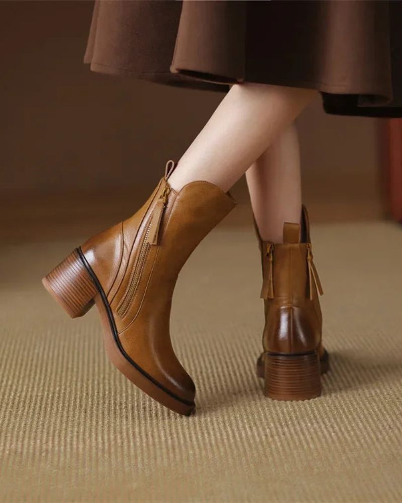 Elegant Women's Leather Ankle Boots with Block Heel - Comfortable Ankle Boots