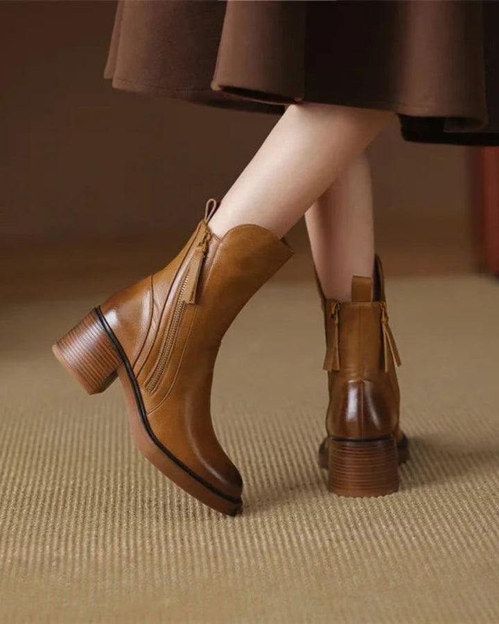 Elegant Women's Leather Ankle Boots with Block Heel - Comfortable Ankle Boots