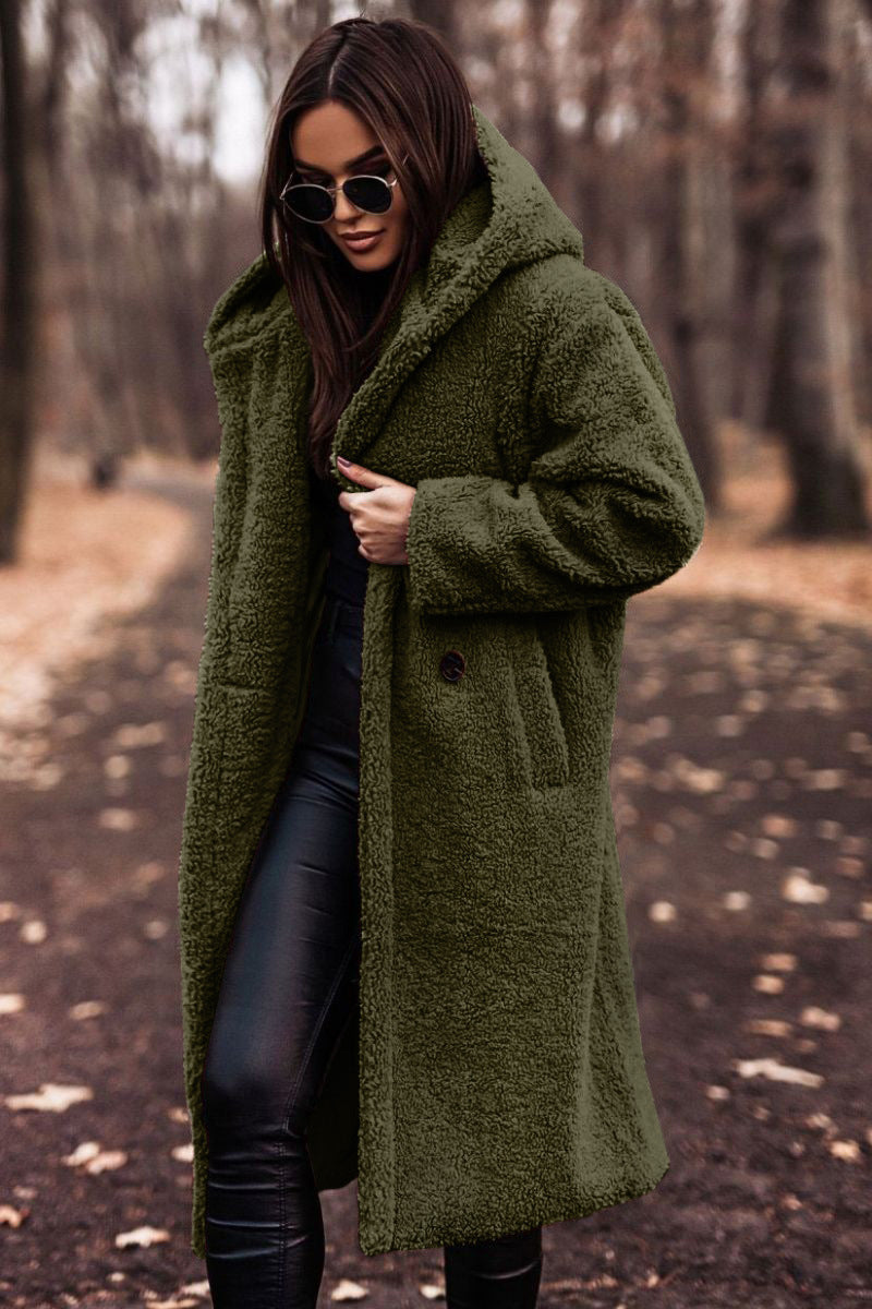 Women's Teddy Winter Coat Long with Hood - Elegant Warm Wool Coat