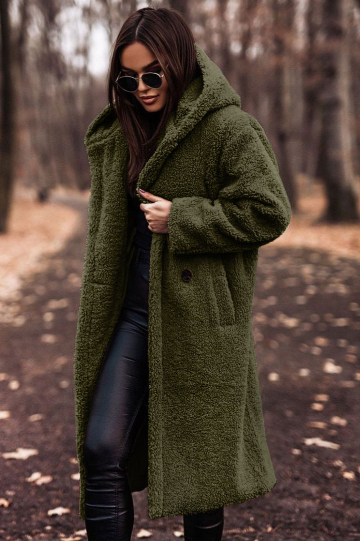 Women's Teddy Winter Coat Long with Hood - Elegant Warm Wool Coat