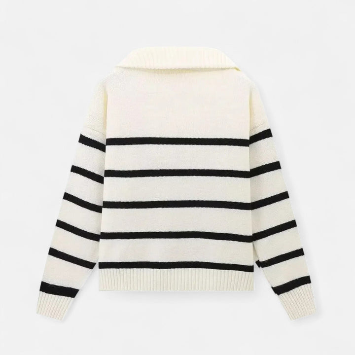 Women's Striped Polo Sweater with Half-Zip - Elegant Fall Fashion