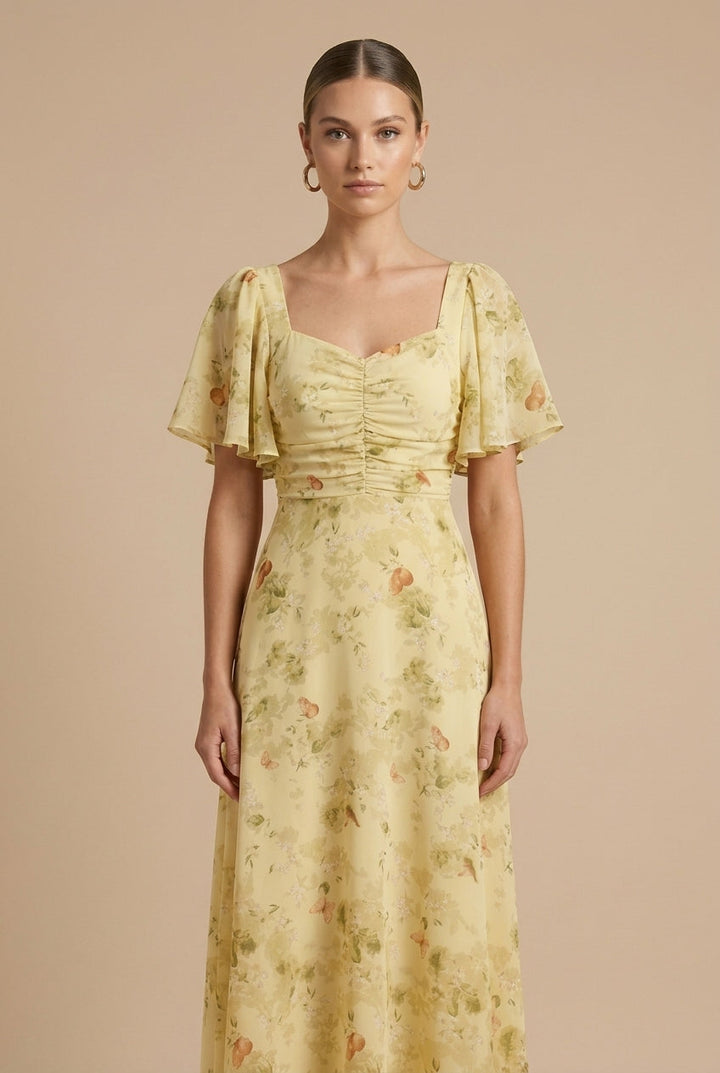 Elegant Floral Women's Maxi Dress with Puff Sleeves