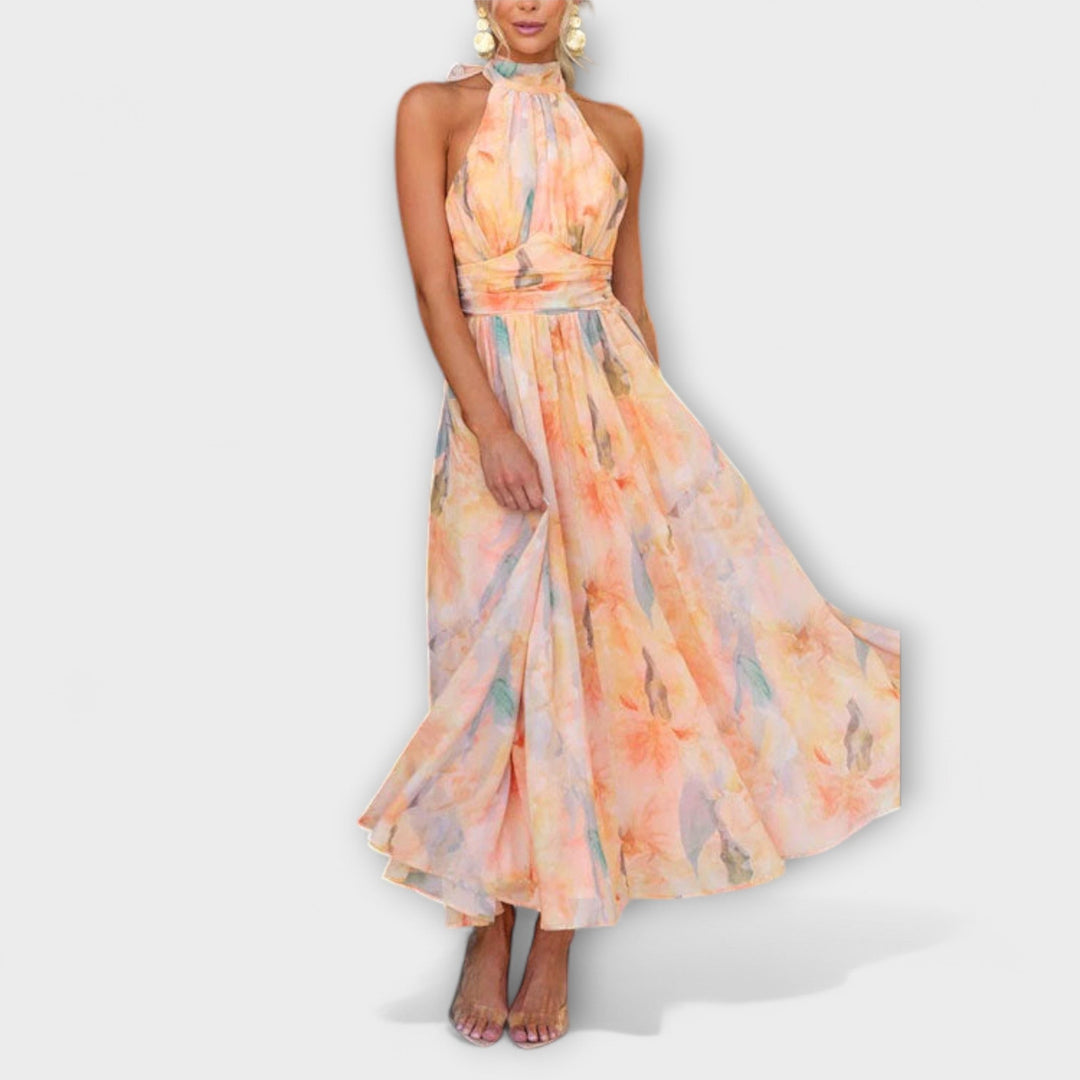 Elegant Women's Halterneck Maxi Dress with Watercolor Print and Open Back