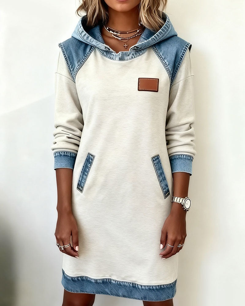 Women's Casual Hoodie Dress with Denim Inserts