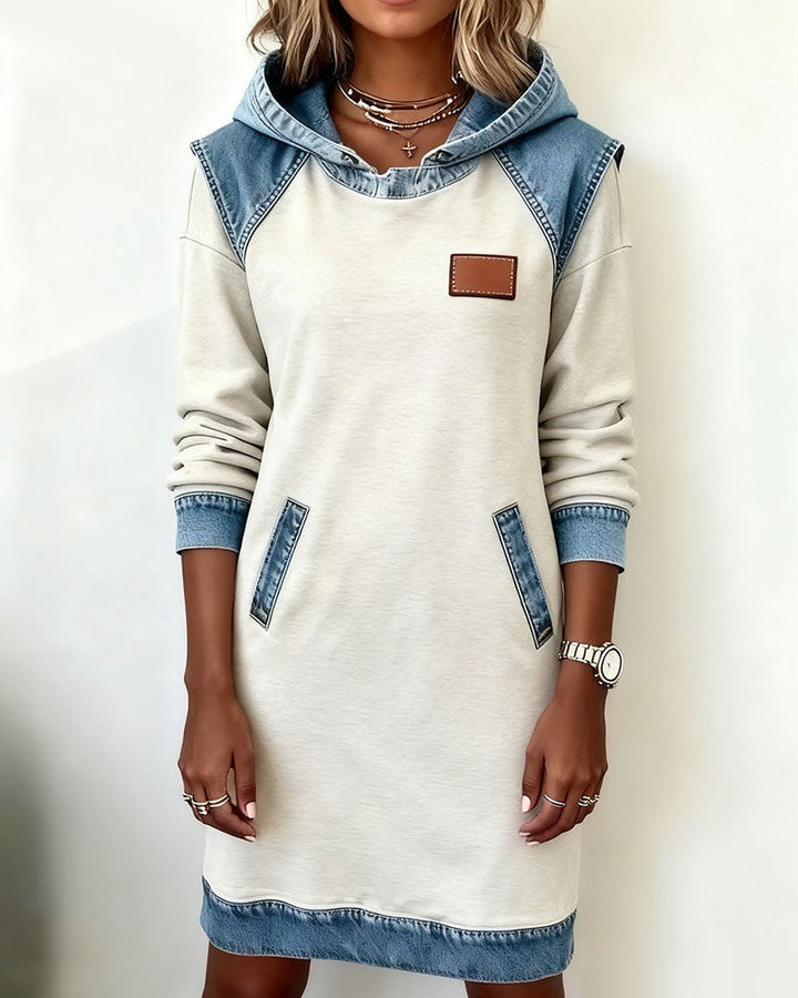 Women's Casual Hoodie Dress with Denim Inserts