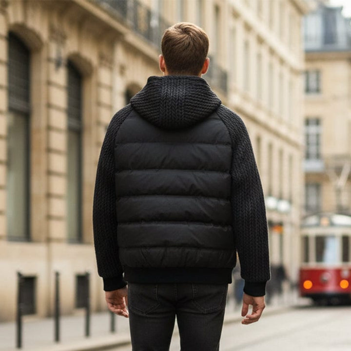Men's Windproof Quilted Jacket with Knit Sleeves and Down Insulation