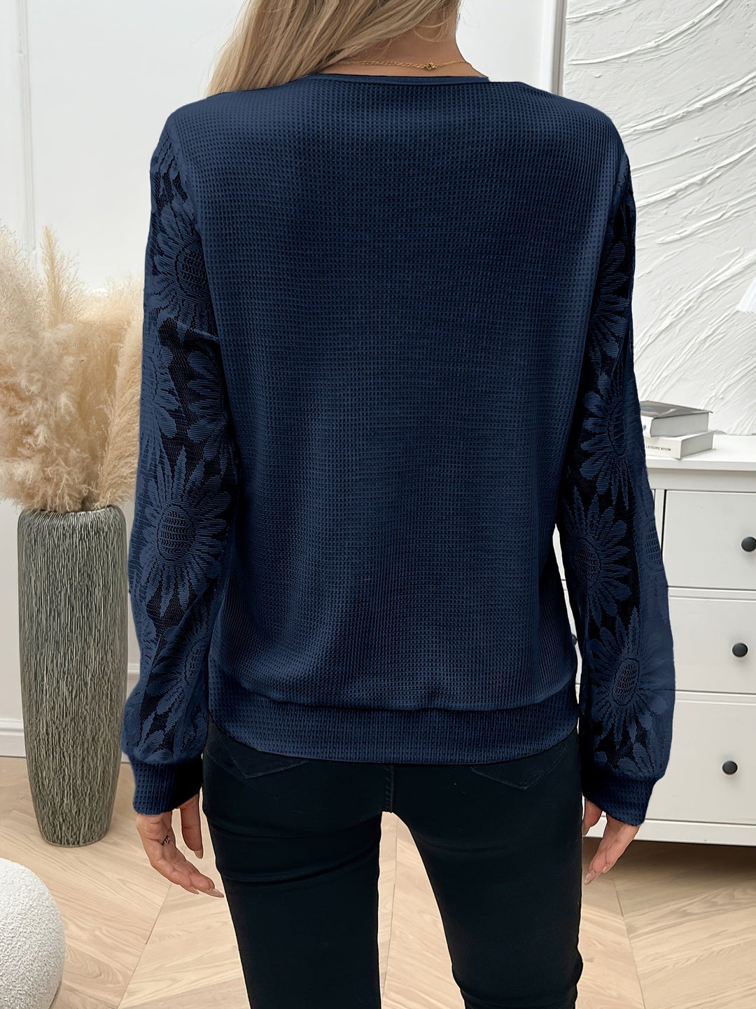 Women's Floral Lace V-Neck Knit Pullover - Lightweight Sweater with Crochet Details