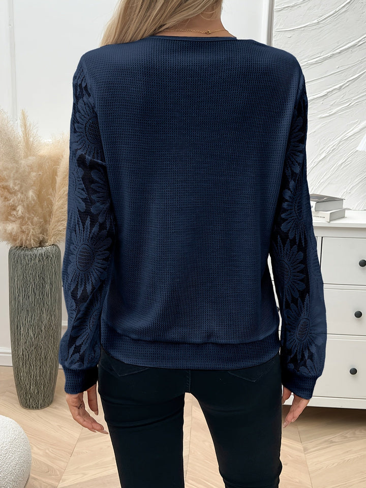 Women's Floral Lace V-Neck Knit Pullover - Lightweight Sweater with Crochet Details