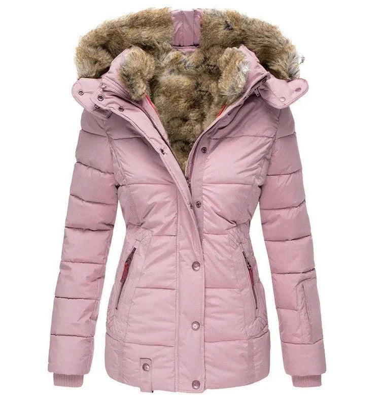 Women's Winter Jacket with Faux Fur Hood - Warm Quilted Jacket Fitted