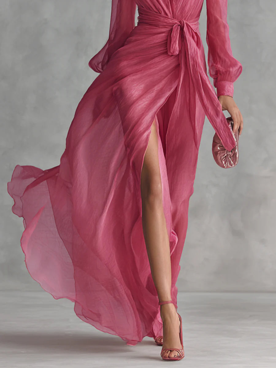 Elegant Chiffon V-Neck Tie-Waist Women's Maxi Dress