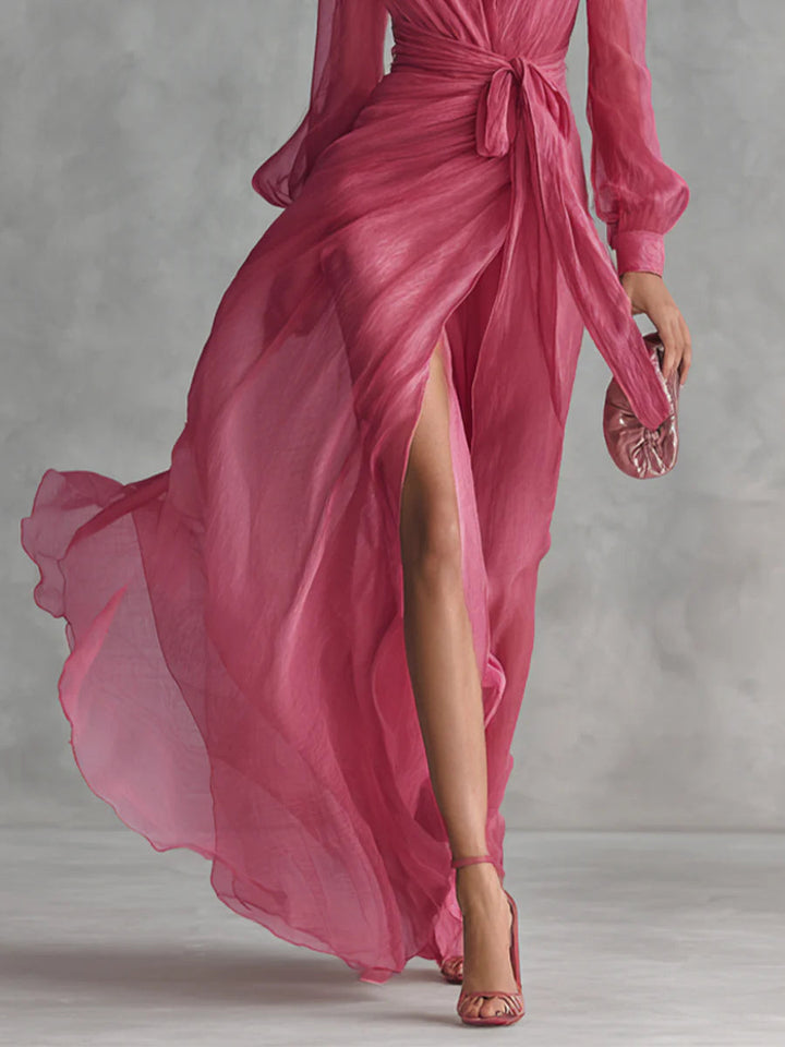 Elegant Chiffon V-Neck Tie-Waist Women's Maxi Dress
