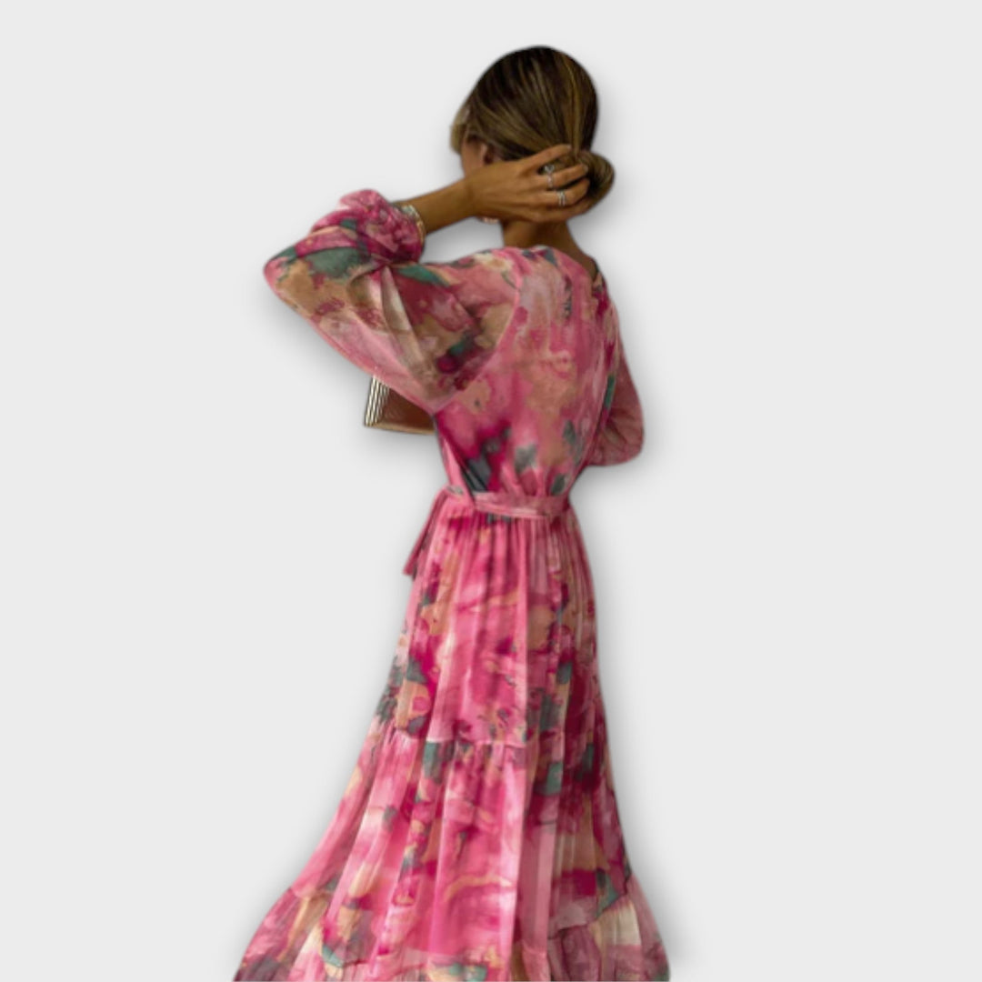 Elegant Women's Maxi Dress with Watercolor Pattern - Feminine Design for Special Occasions
