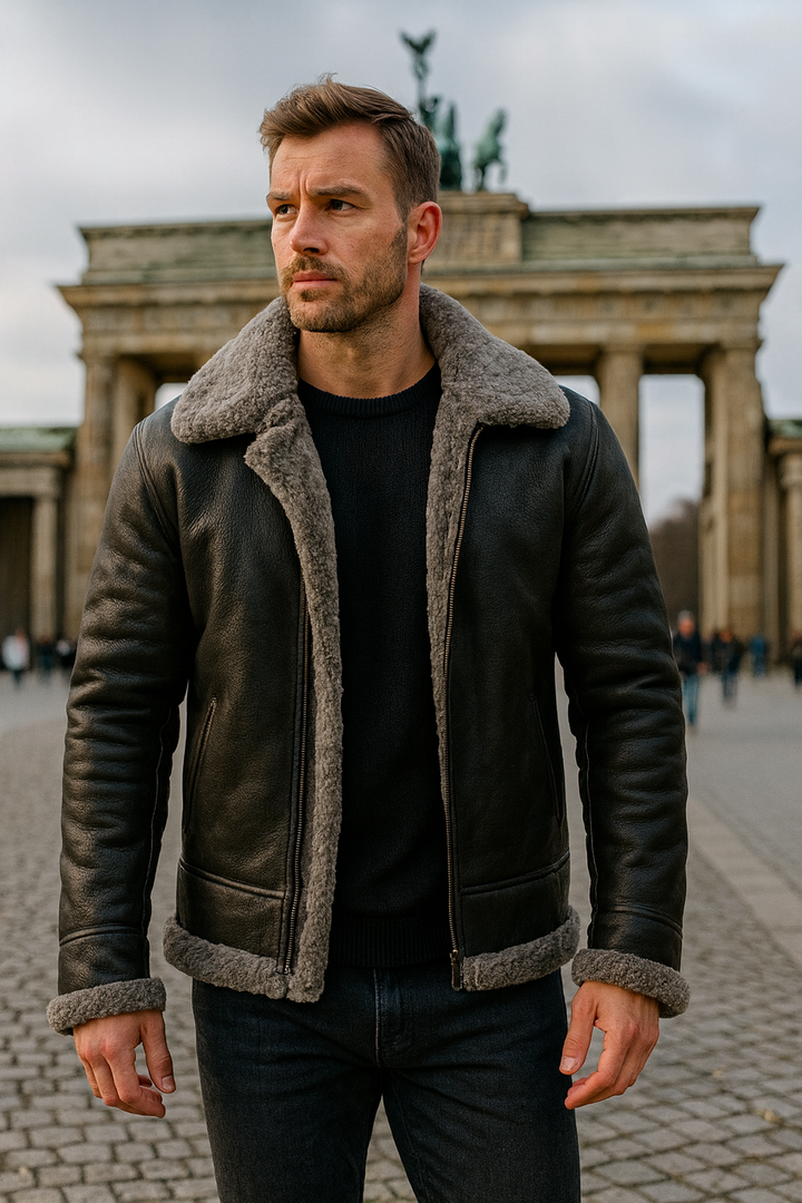 Men's Aviator Leather Jacket with Sherpa Lining - Warm Pilot Jacket in PU Leather