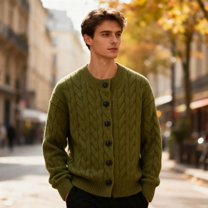 Classic Men's Cable Knit Cardigan with Button Placket