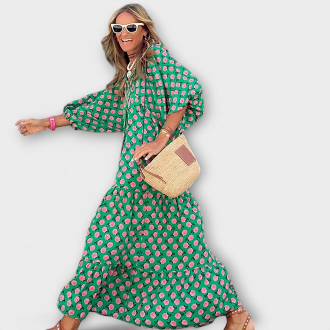 Elegant Women's Maxi Dress with Geometric Pattern - Relaxed Fit with V-Neckline