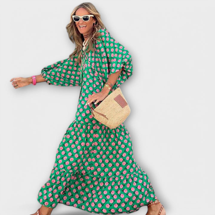 Elegant Women's Maxi Dress with Geometric Pattern - Relaxed Fit with V-Neckline