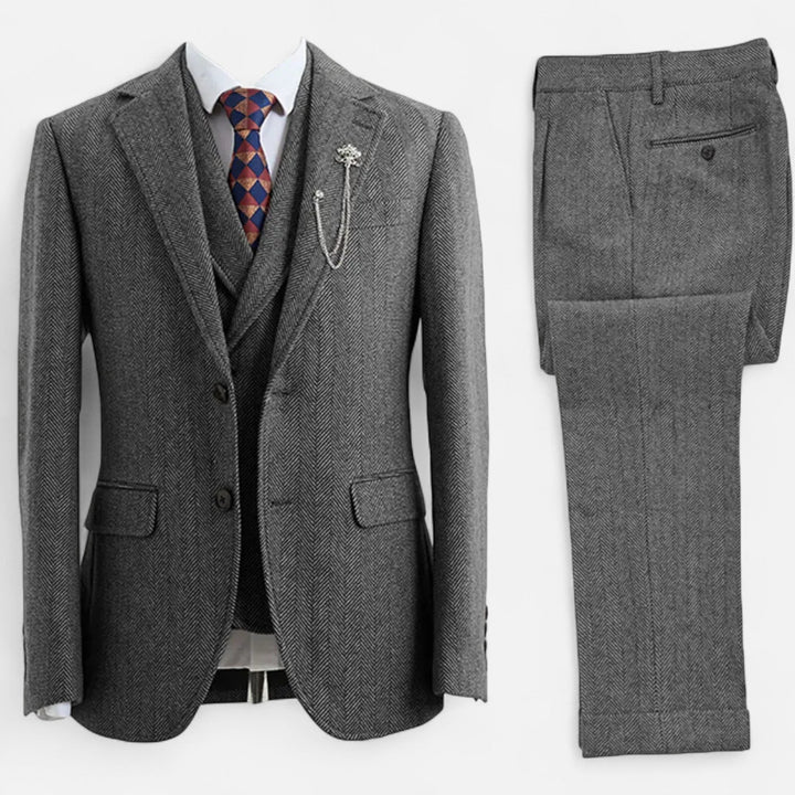 Elegant Tweed Herringbone Men's Suit Three-Piece Double-Breasted