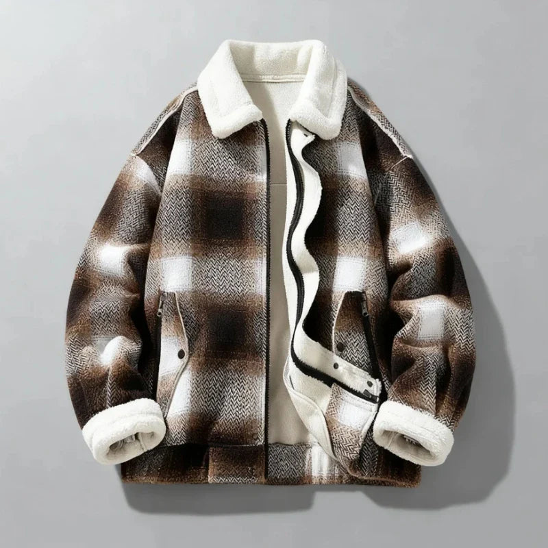 Men's Wool Jacket with Velvet Lining - Textured Plaid Weave and Reinforced Collar