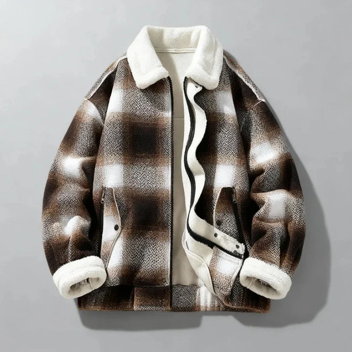 Men's Wool Jacket with Velvet Lining - Textured Plaid Weave and Reinforced Collar