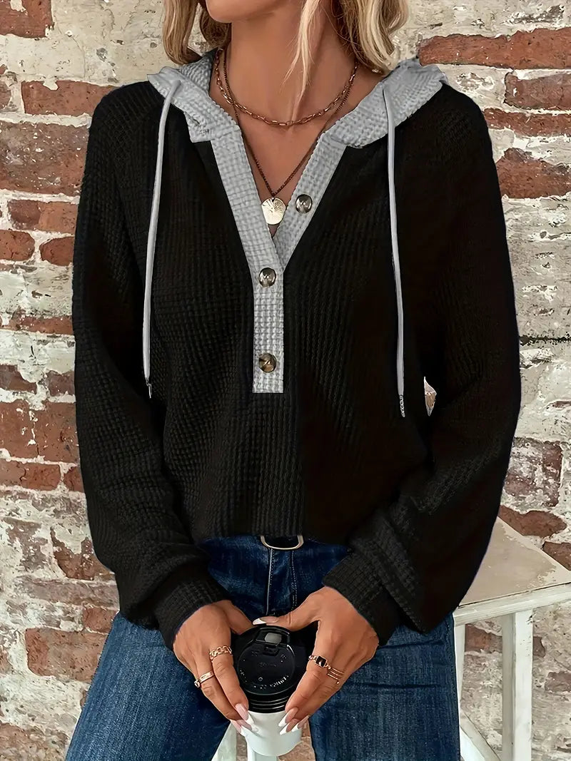 Women's Long Sleeve Hoodie with Front Buttons - Soft Waffle Knit Texture and Adjustable Hood