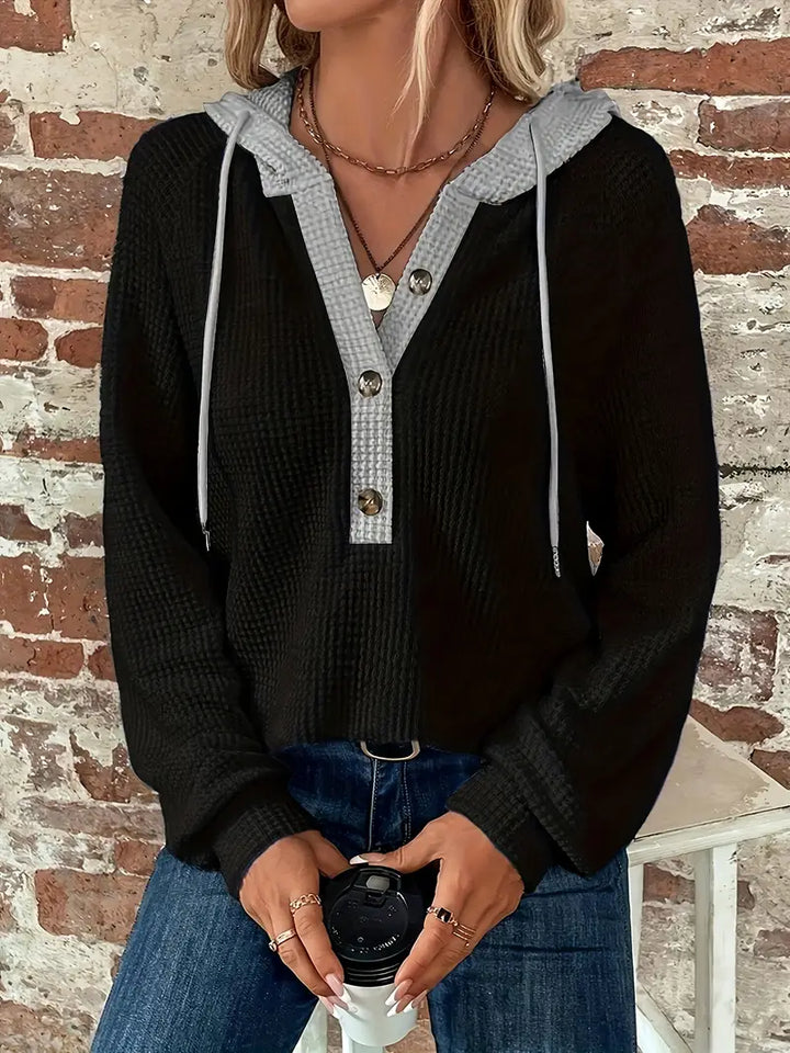 Women's Long Sleeve Hoodie with Front Buttons - Soft Waffle Knit Texture and Adjustable Hood