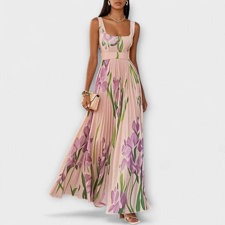 Elegant Women's Floral Chiffon Maxi Dress with A-Line Silhouette