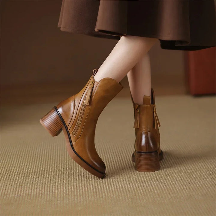 Elegant Women's Genuine Leather Ankle Boots with Block Heel