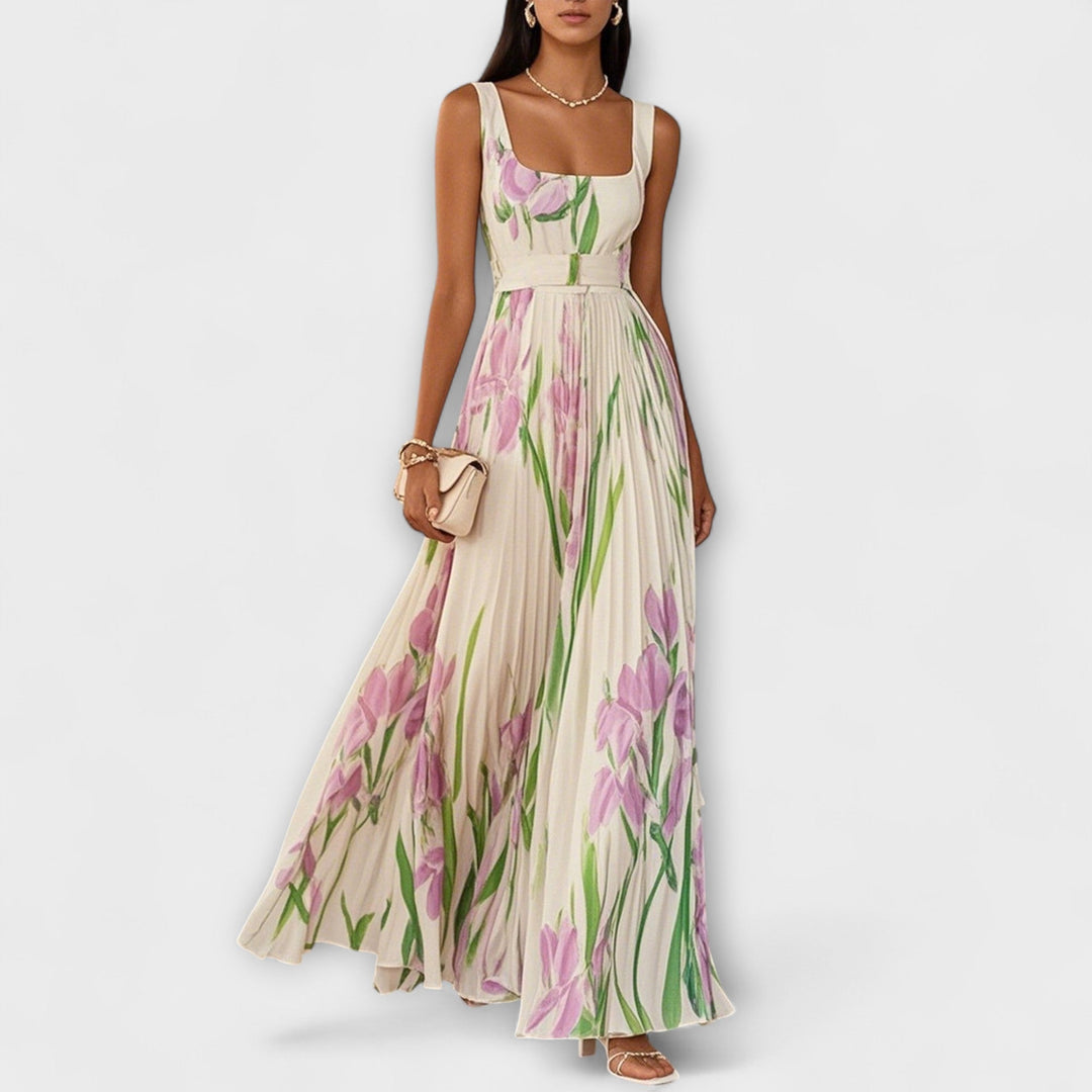 Elegant Women's Floral Chiffon Maxi Dress with A-Line Silhouette