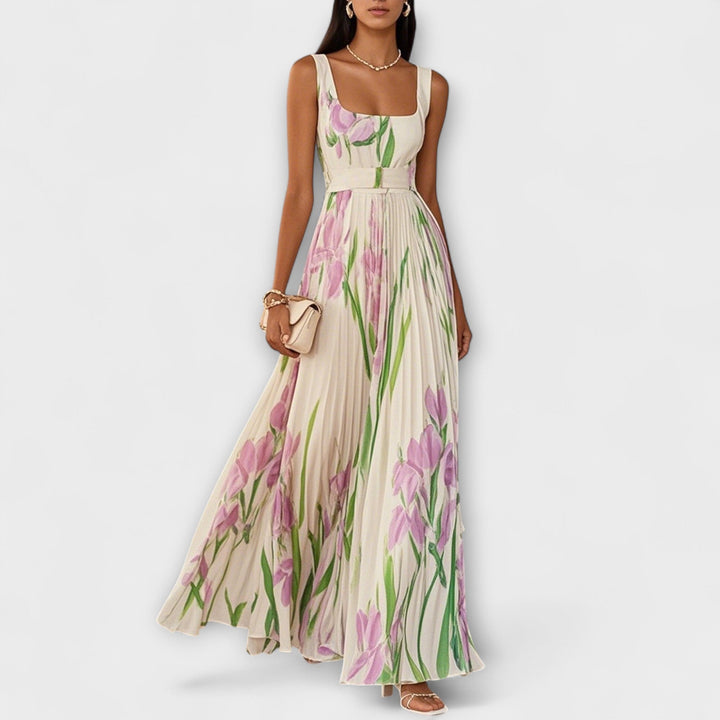 Elegant Women's Floral Chiffon Maxi Dress with A-Line Silhouette