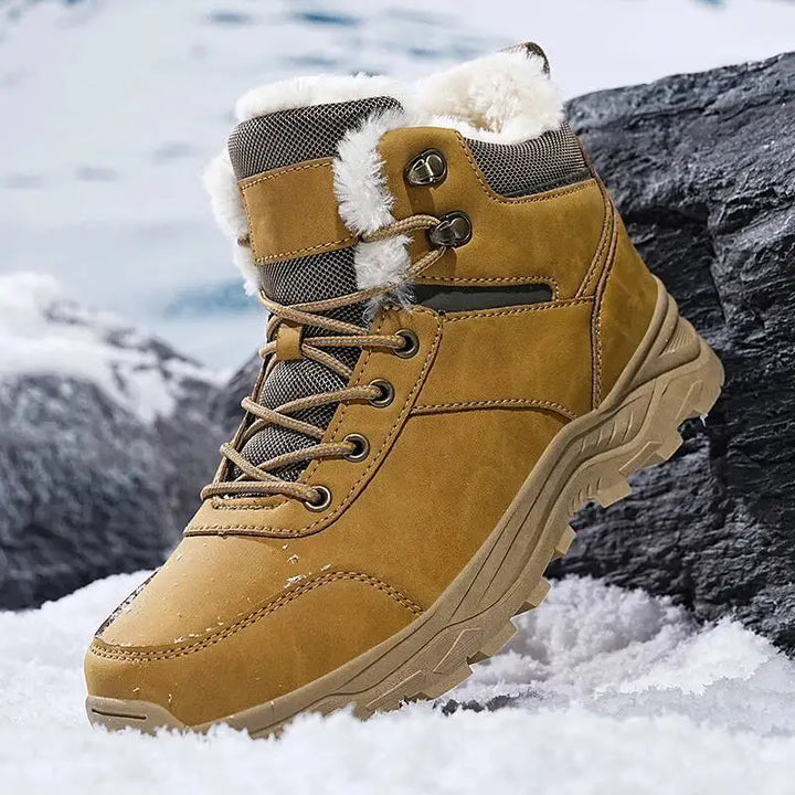 Men's Warm Winter Boots with Faux Fur Upper - Ankle-High Lace-Up Boots