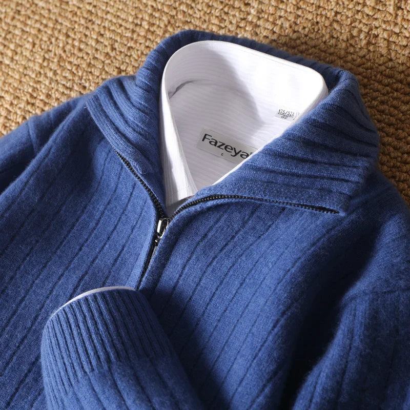 Men's Merino Wool Cardigan with Stand Collar and Zipper