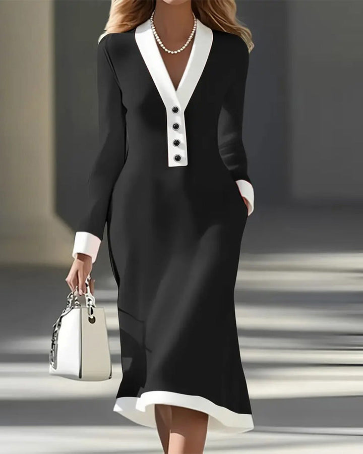 Elegant Long-Sleeve V-Neck Women's Midi Dress