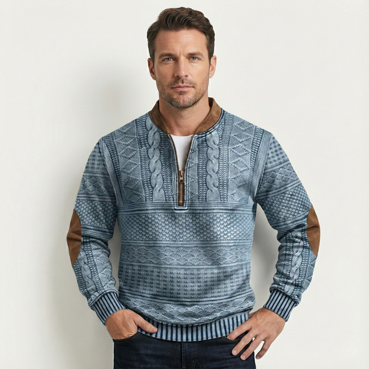 Stylish Casual Men's Half Zip Sweater with Elbow Patches