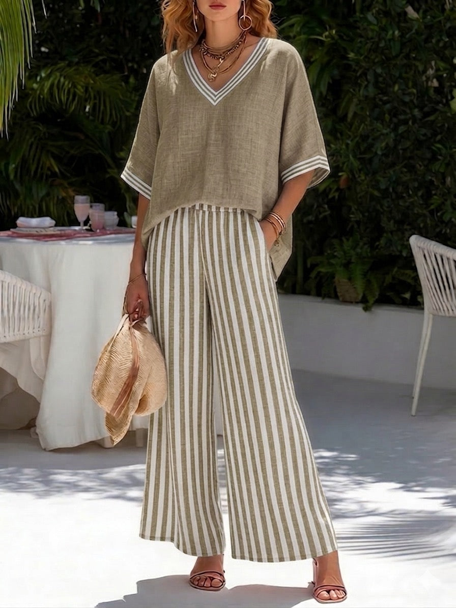 Chic Striped Women's Linen Cotton Ensemble