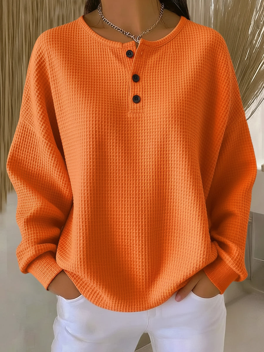 Elegant Women's Henley Sweater with Button Placket - Textured Fabric