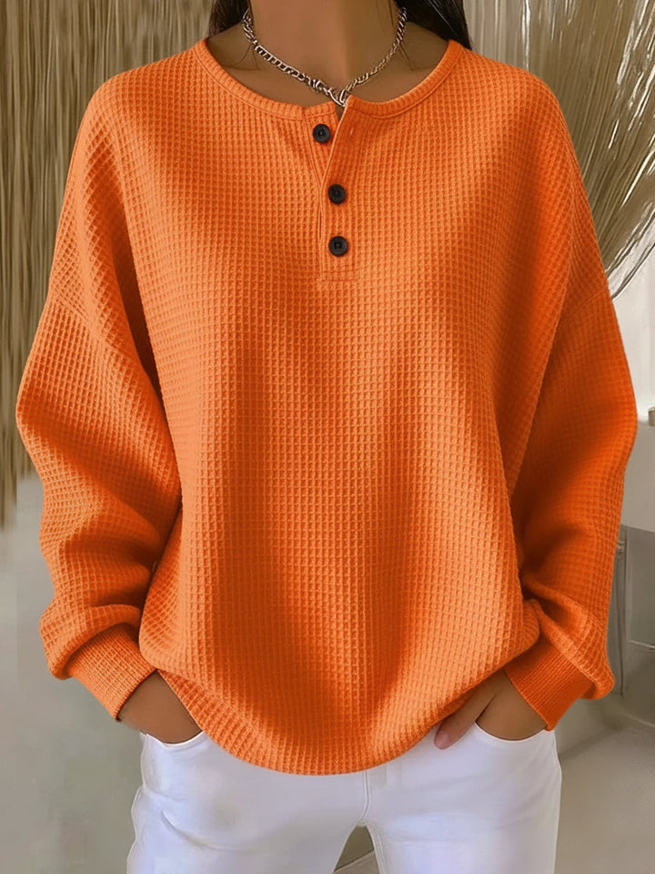 Elegant Women's Henley Sweater with Button Placket - Textured Fabric