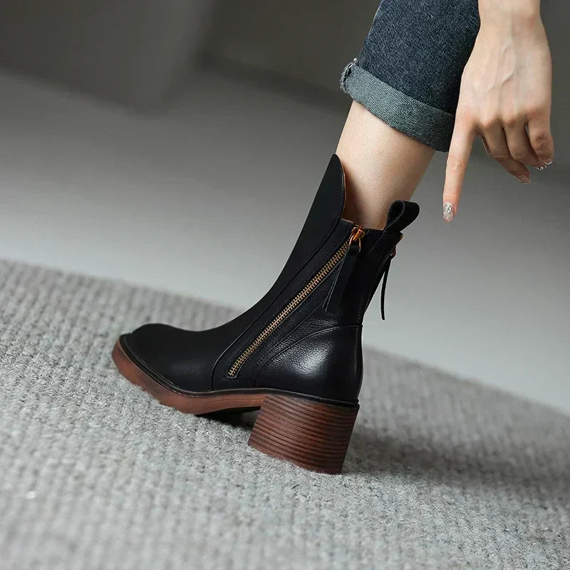 Elegant Women's Genuine Leather Ankle Boots with Block Heel