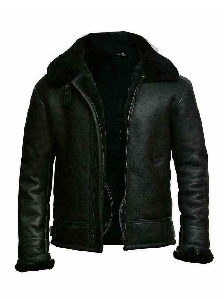 Men's Aviator Leather Jacket with Sherpa Lining - Warm Pilot Jacket in PU Leather