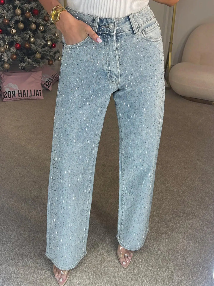 Women's Straight-Cut Jeans with Rhinestone Embellishment