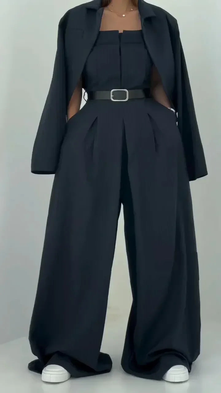 Women's Elegant Bustier Set with Jacket - Wide-Leg Pants and Structured Top