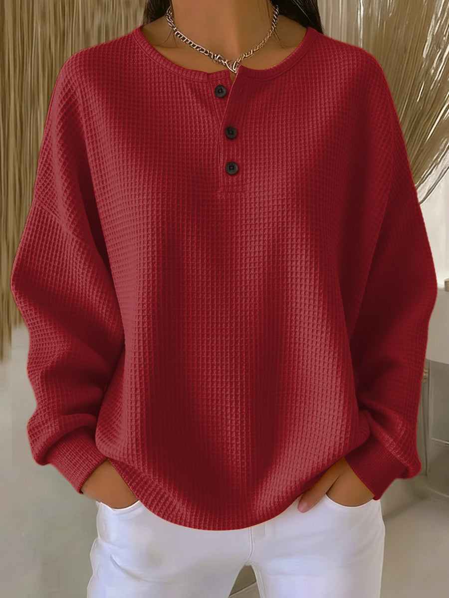 Elegant Women's Henley Sweater with Button Placket - Textured Fabric