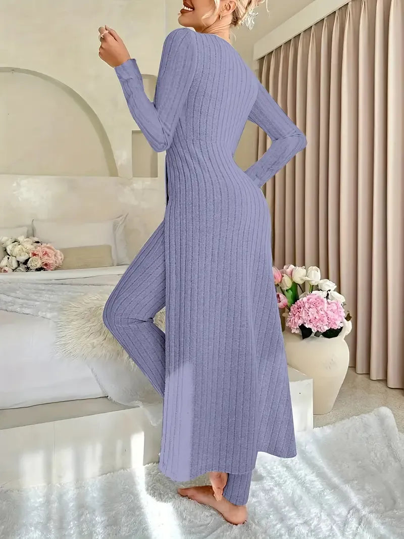 Women's Ribbed Set in Soft Rib Knit - Long Sleeve Top with Matching Pants